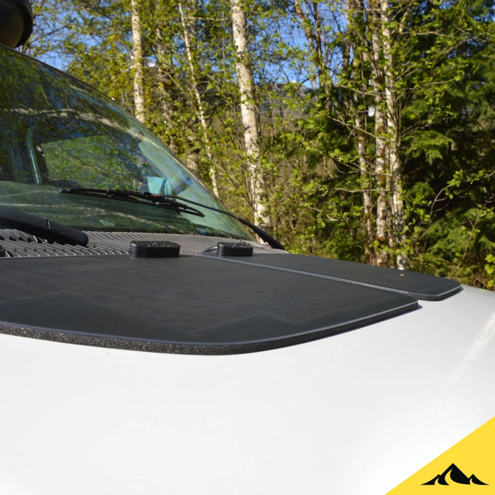 Cascadia 4x4 hood solar panel for the ford econoline Van. Trickle charge your econoline van battery with hood solar. Campers, rv's, overlanding