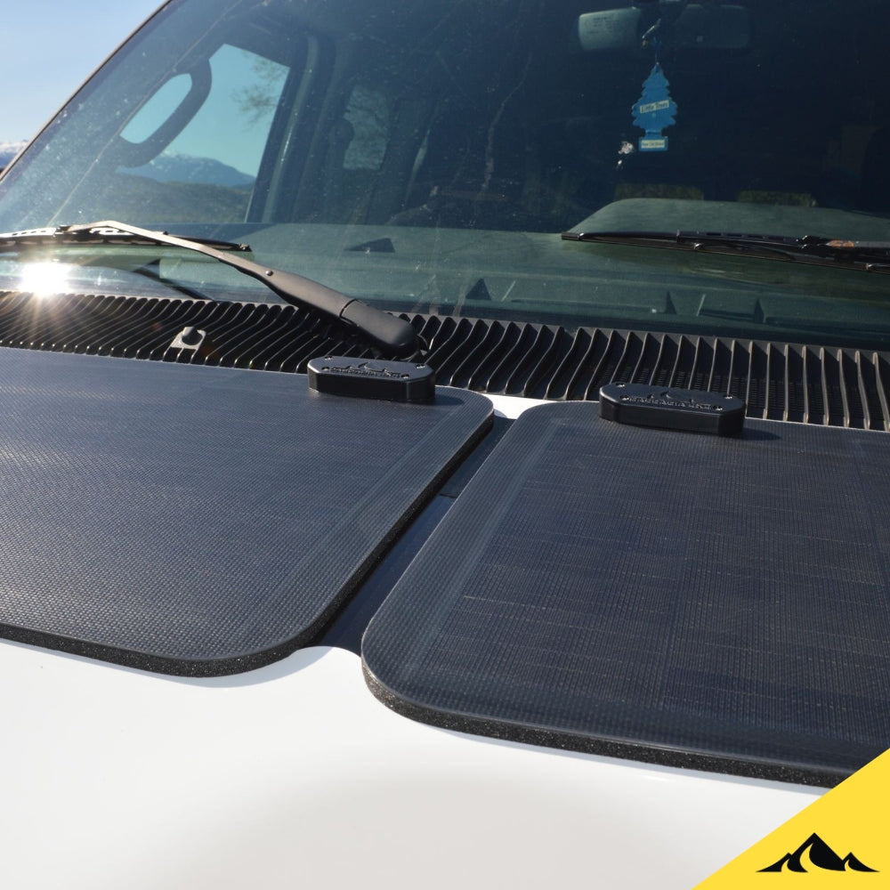 Cascadia 4x4 hood solar panel for the ford econoline Van. Trickle charge your econoline van battery with hood solar. Battery tender