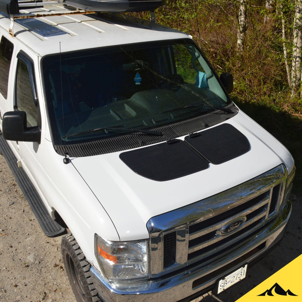 Cascadia 4x4 hood solar panel for the ford econoline Van. Trickle charge your econoline van battery with hood solar. For overlanding, RV and work vans. 