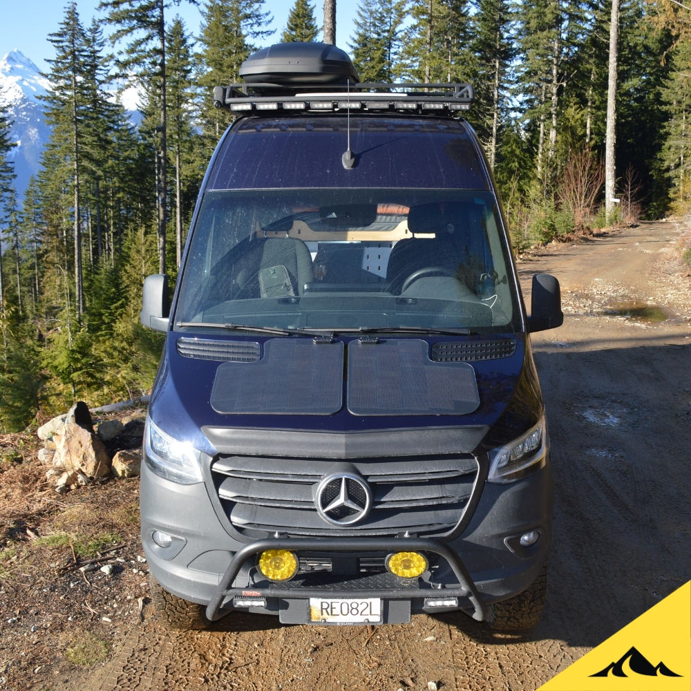 Hood / bonnet solar panel by cascadia 4x4 for the mercedes-benz sprinter van. Perfect to keep your battery charged.
